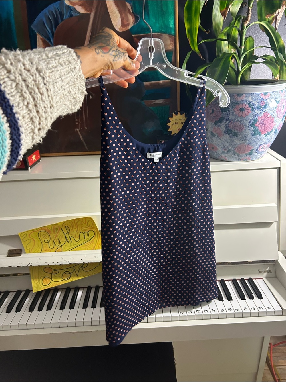R Essentials Reitmans Navy Polka Dot Asymmetrical Tank Top XS
